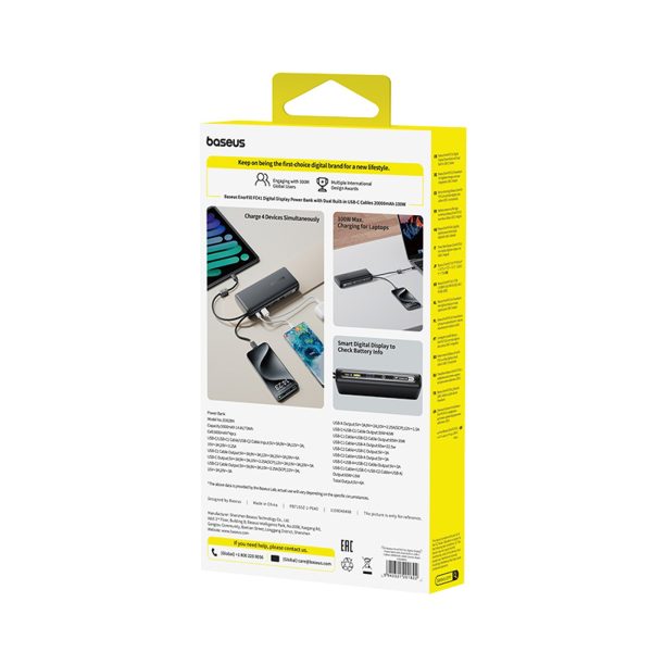 Powerbank 20000mAh 100W ar displeju un iebūvētiem USB-C kabeļiem - melns