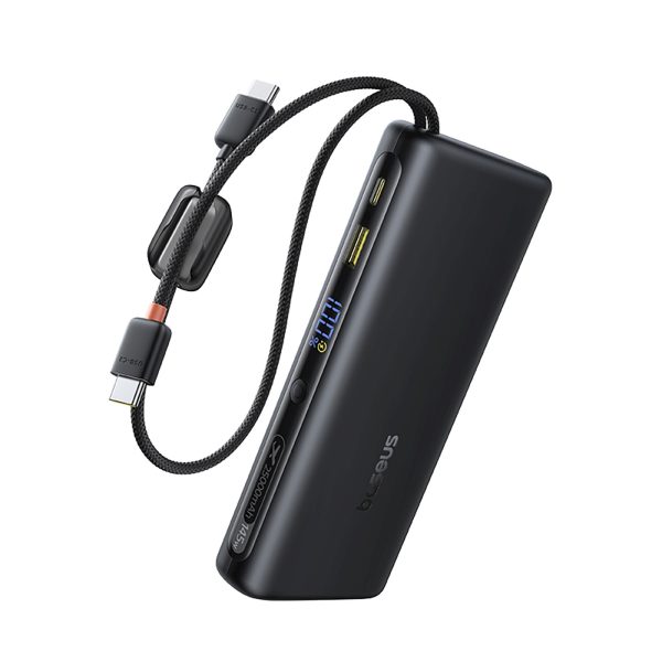Powerbank 25000mAh 145W ar displeju un iebūvētiem USB-C kabeļiem - melns