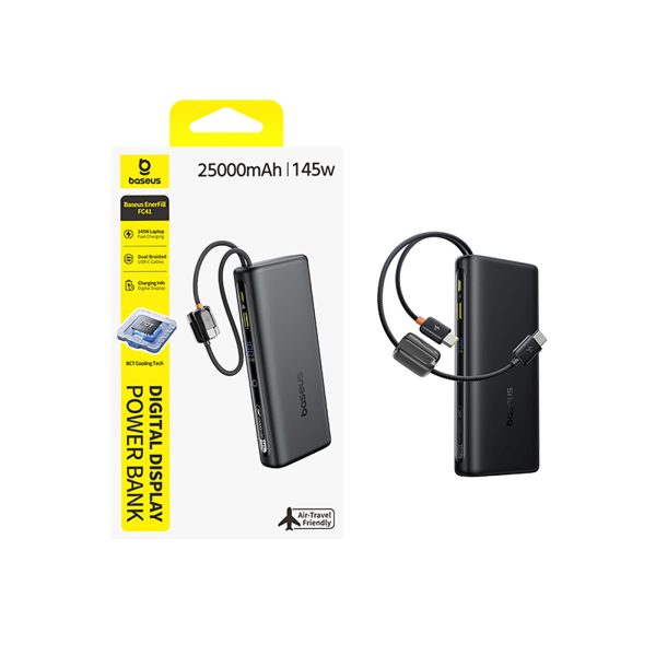 Powerbank 25000mAh 145W ar displeju un iebūvētiem USB-C kabeļiem - melns
