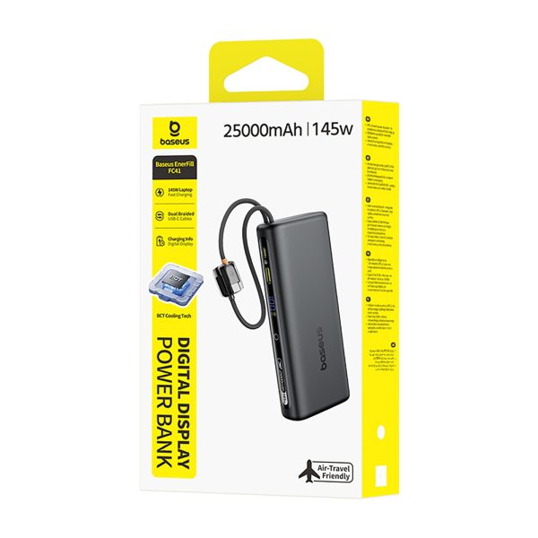 Powerbank 25000mAh 145W ar displeju un iebūvētiem USB-C kabeļiem - melns