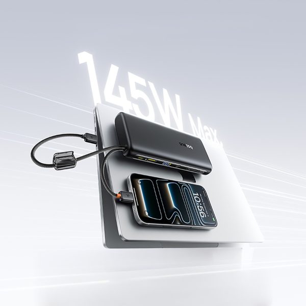 Powerbank 25000mAh 145W ar displeju un iebūvētiem USB-C kabeļiem - melns