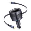 Automašīnas lādētājs ar ievelkamu USB-C iPhone Lightning kabeli 60W - melns