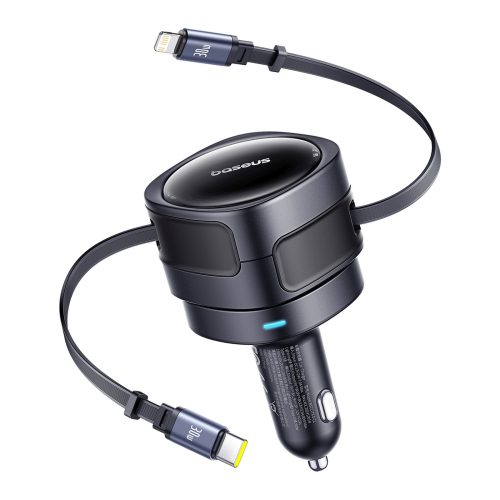 Automašīnas lādētājs ar ievelkamu USB-C iPhone Lightning kabeli 60W - melns
