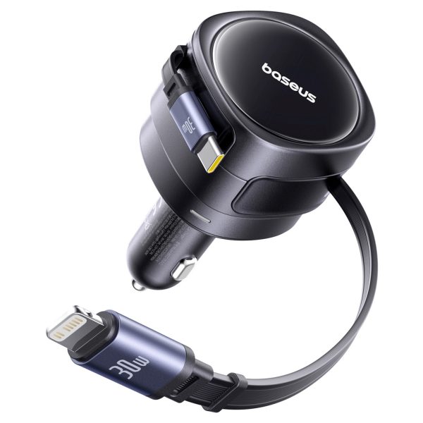 Automašīnas lādētājs ar ievelkamu USB-C iPhone Lightning kabeli 60W - melns
