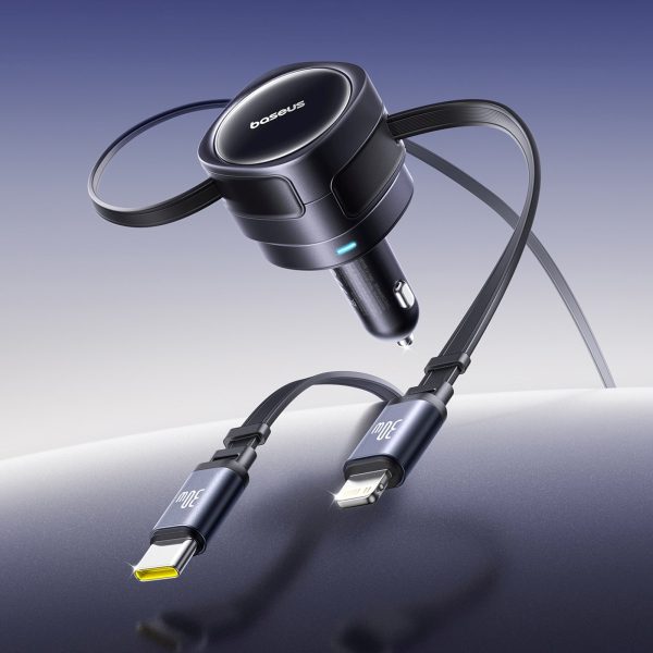 Automašīnas lādētājs ar ievelkamu USB-C iPhone Lightning kabeli 60W - melns