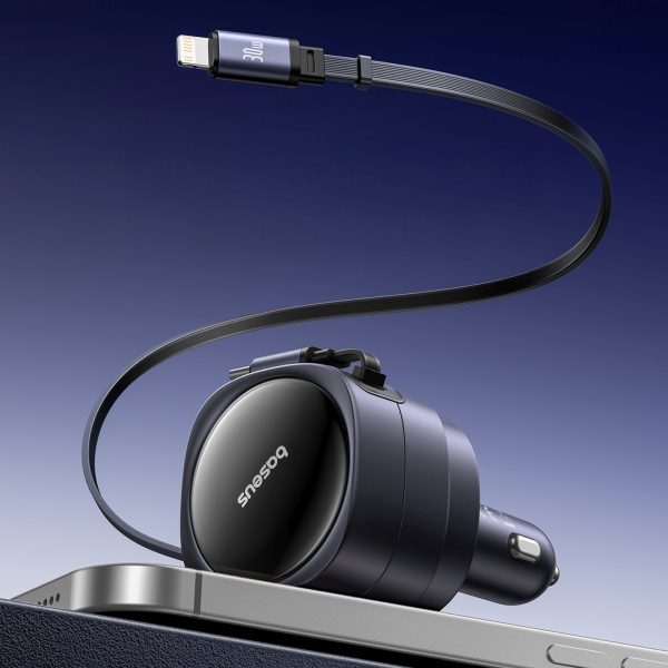 Automašīnas lādētājs ar ievelkamu USB-C iPhone Lightning kabeli 60W - melns