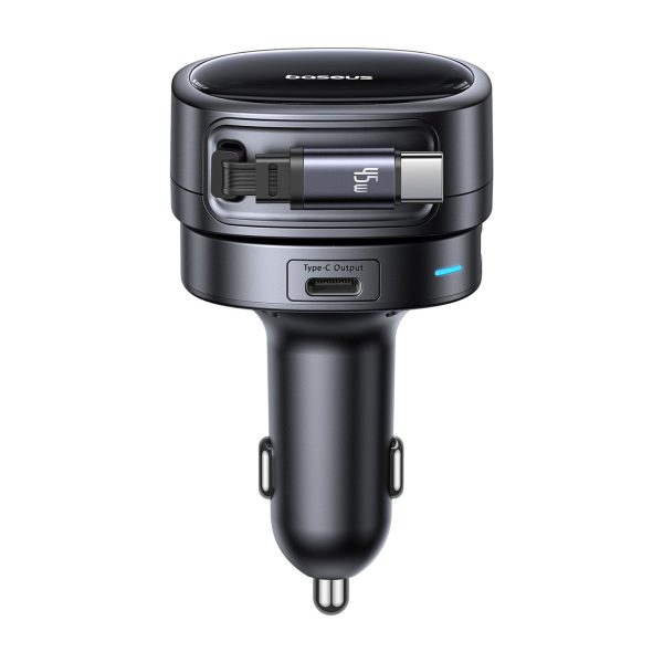 USB-A USB-C automašīnas lādētājs ar ievelkamu USB-C kabeli 60W - melns