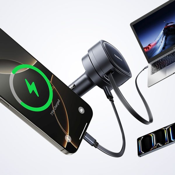 USB-A USB-C automašīnas lādētājs ar ievelkamu USB-C kabeli 60W - melns