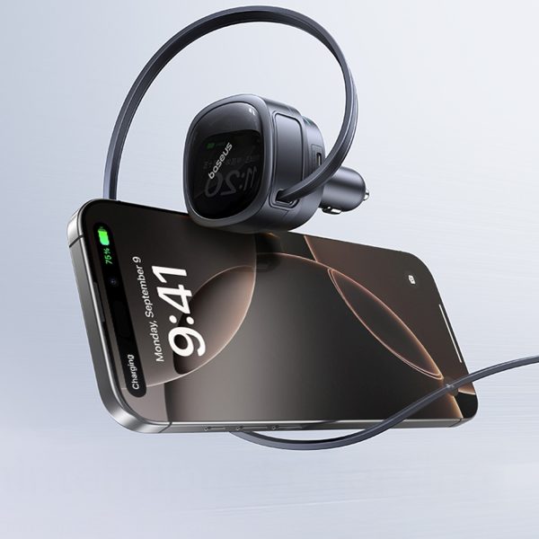 USB-A USB-C automašīnas lādētājs ar ievelkamu USB-C kabeli 60W - melns