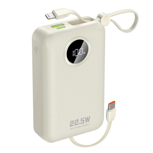 K14+ 20000mAh 22.5W USB-C USB-A Power Bank ar iebūvētiem iPhone Lightning USB-C kabeļiem - balts