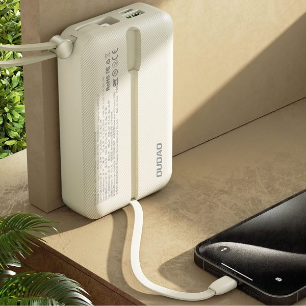 K14+ 20000mAh 22.5W USB-C USB-A Power Bank ar iebūvētiem iPhone Lightning USB-C kabeļiem - balts