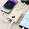 K14+ 20000mAh 22.5W USB-C USB-A Power Bank ar iebūvētiem iPhone Lightning USB-C kabeļiem - balts