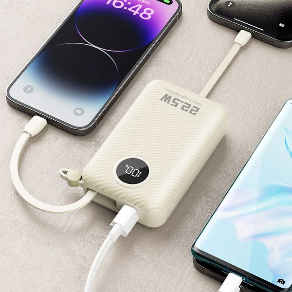 K14+ 20000mAh 22.5W USB-C USB-A Power Bank ar iebūvētiem iPhone Lightning USB-C kabeļiem - balts