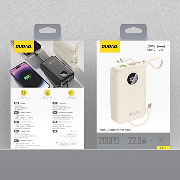 K14+ 20000mAh 22.5W USB-C USB-A Power Bank ar iebūvētiem iPhone Lightning USB-C kabeļiem - balts
