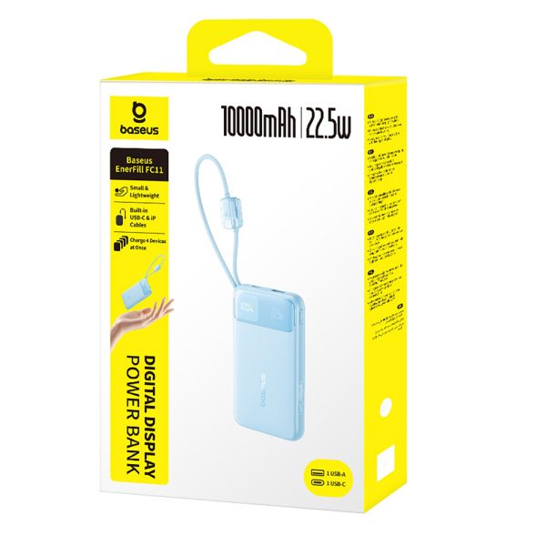 Powerbank 10000mAh 22.5W USB-A USB-C EnerFill FC11 ar displeju un kabeļiem - zils