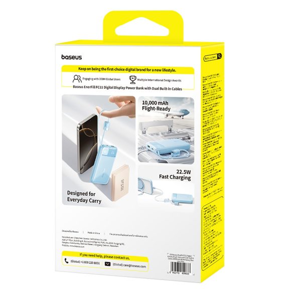 Powerbank 10000mAh 22.5W USB-A USB-C EnerFill FC11 ar displeju un kabeļiem - zils