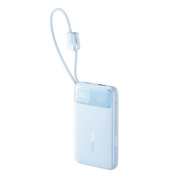 Powerbank 10000mAh 22.5W USB-A USB-C EnerFill FC11 ar displeju un kabeļiem - zils