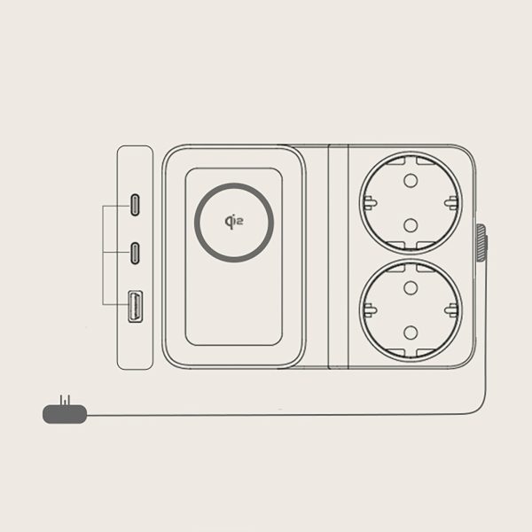 6-in-1 bezvadu uzlādes stacija USB-A USB-C 2x maiņstrāvas kontaktligzda 67W - melna