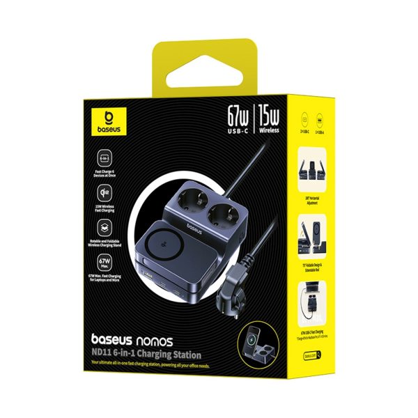 6-in-1 bezvadu uzlādes stacija USB-A USB-C 2x maiņstrāvas kontaktligzda 67W - melna