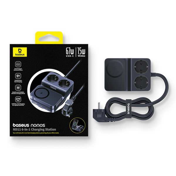 6-in-1 bezvadu uzlādes stacija USB-A USB-C 2x maiņstrāvas kontaktligzda 67W - melna