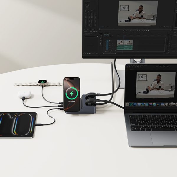 6-in-1 bezvadu uzlādes stacija USB-A USB-C 2x maiņstrāvas kontaktligzda 67W - melna