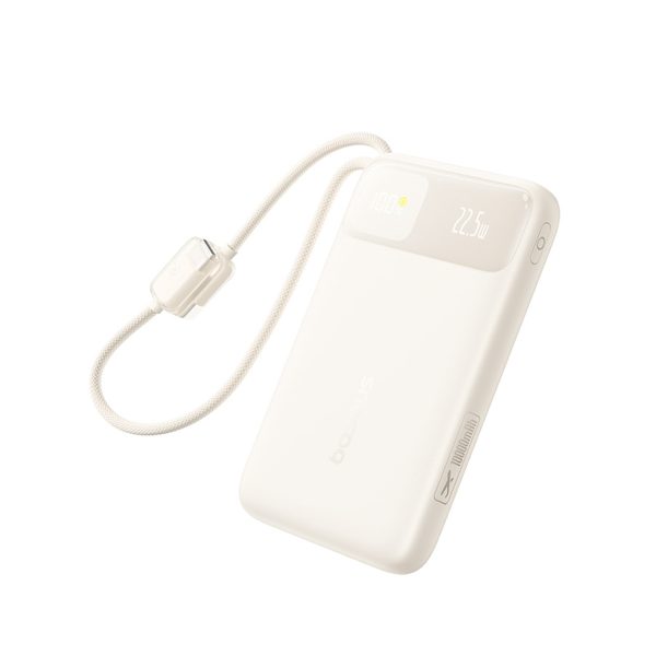 Powerbank 10000mAh 22.5W USB-A USB-C EnerFill FC11 ar displeju un kabeļiem - bēšs
