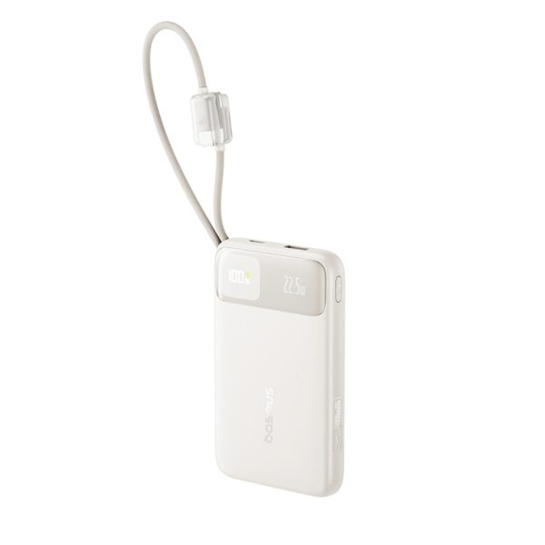 Powerbank 10000mAh 22.5W USB-A USB-C EnerFill FC11 ar displeju un kabeļiem - bēšs