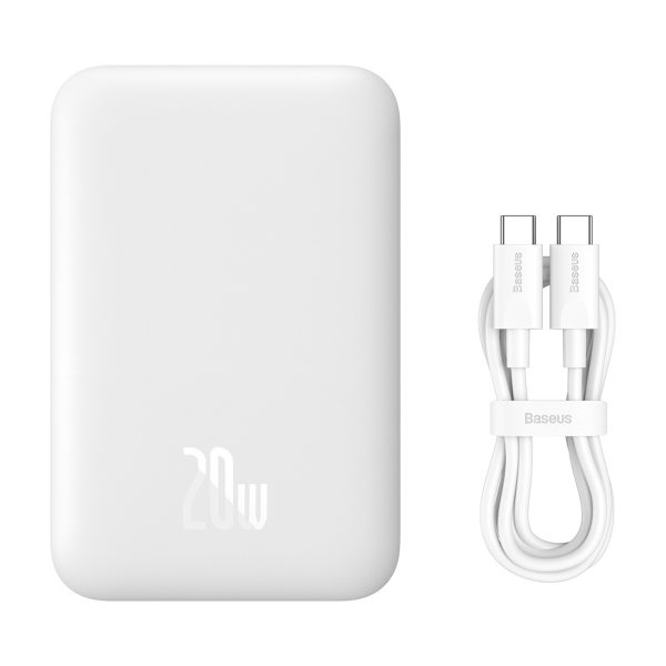 Airpow 6000mAh 20W magnētiskais Power Bank ar Baseus Simple USB-C kabeli - USB-C 30cm - balts