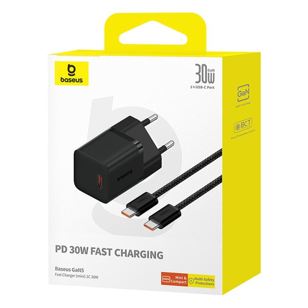 USB-C GaN5 30 W sienas lādētājs ar 100 W USB-C kabeli - melns