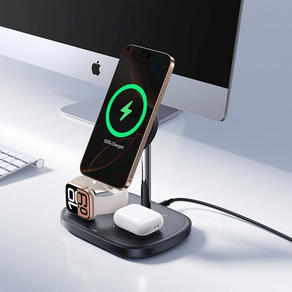 3-in-1 induktīvais lādētājs viedtālrunim, pulkstenim, austiņām ar dzesēšanu un USB-C kabeli 45W - melns
