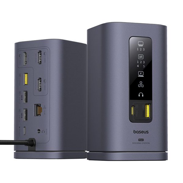 HUB 11in1 dokstacija USB-C USB-A HDMI RJ45 miniligzda 3,5 mm - pelēka