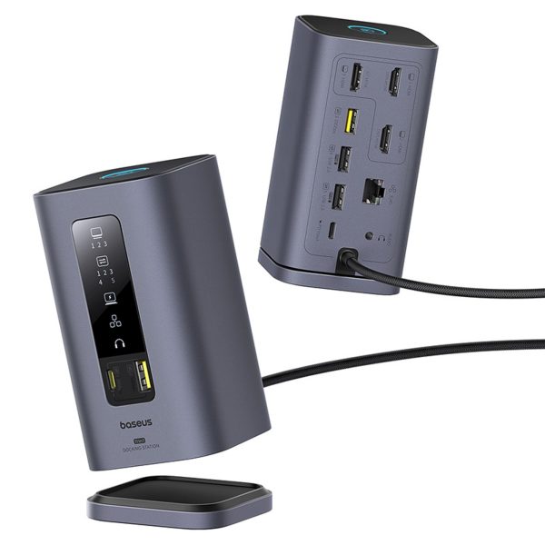 HUB 11in1 dokstacija USB-C USB-A HDMI RJ45 miniligzda 3,5 mm - pelēka