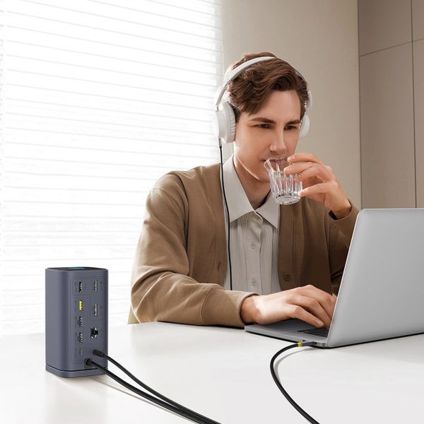 HUB 11in1 dokstacija USB-C USB-A HDMI RJ45 miniligzda 3,5 mm - pelēka