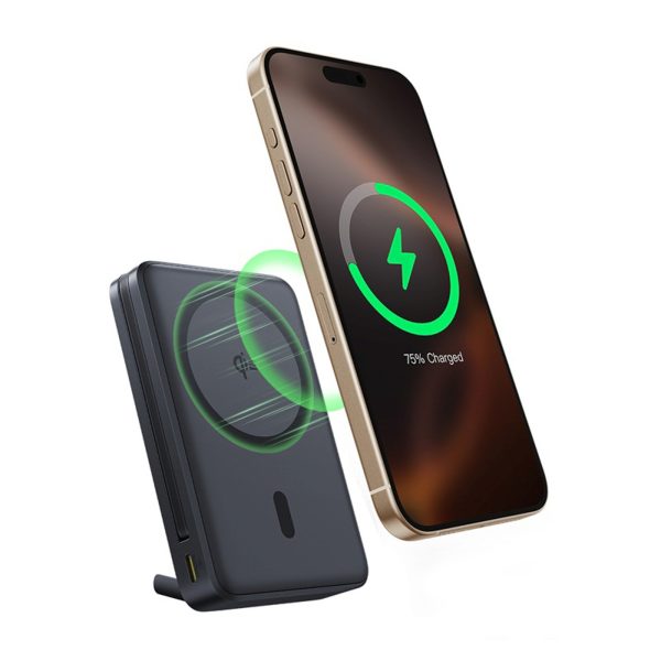 10000mAh magnētiskais Power Bank ar statīvu un iebūvētu USB-C Qi2 MagSafe 30W kabeli - melns
