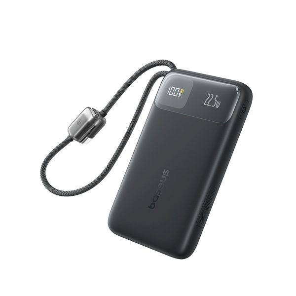 Powerbank 10000mAh USB-A USB-C FC11 ar displeju un iebūvētiem kabeļiem 22,5 W - melns