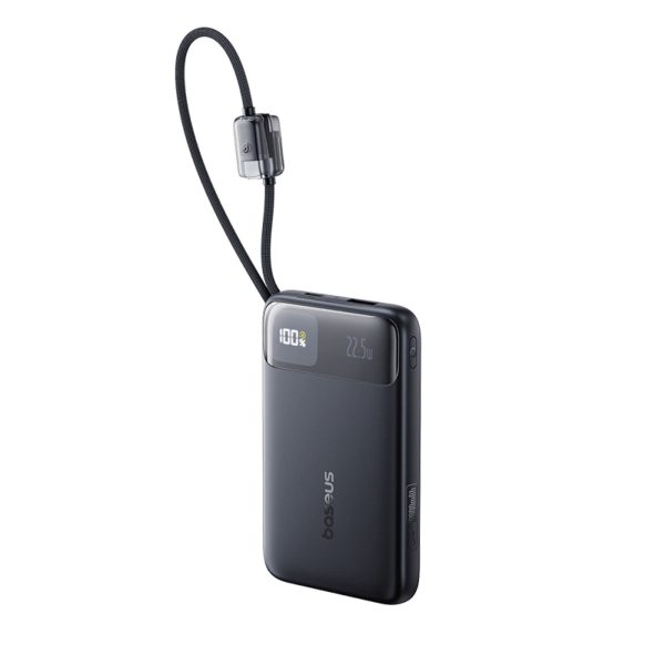 Powerbank 10000mAh USB-A USB-C FC11 ar displeju un iebūvētiem kabeļiem 22,5 W - melns