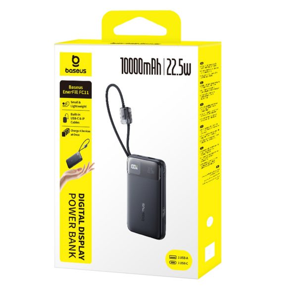 Powerbank 10000mAh USB-A USB-C FC11 ar displeju un iebūvētiem kabeļiem 22,5 W - melns