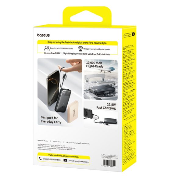 Powerbank 10000mAh USB-A USB-C FC11 ar displeju un iebūvētiem kabeļiem 22,5 W - melns
