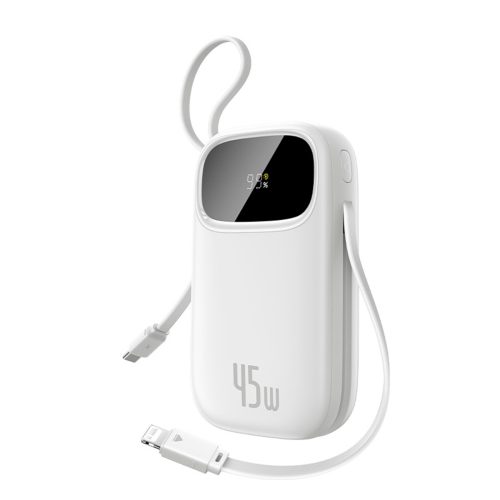 Powerbank 10000mAh 45W FC31 Qpow 3 ar displeju USB-C iPhone Lightning kabeļi - balti