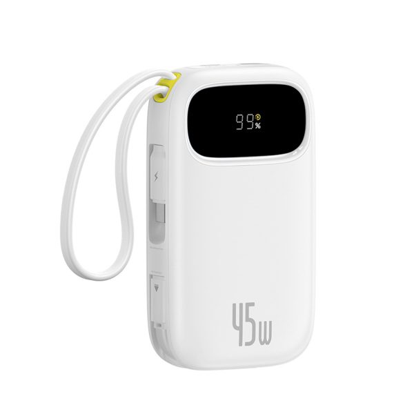 Powerbank 10000mAh 45W FC31 Qpow 3 ar displeju USB-C iPhone Lightning kabeļi - balti