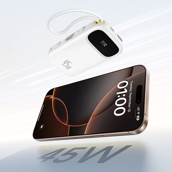 Powerbank 10000mAh 45W FC31 Qpow 3 ar displeju USB-C iPhone Lightning kabeļi - balti