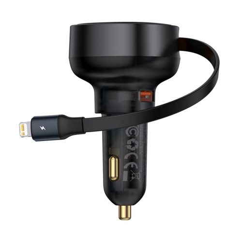 USB-A automašīnas lādētājs ar ievelkamu iPhone Lightning kabeli 55W - melns