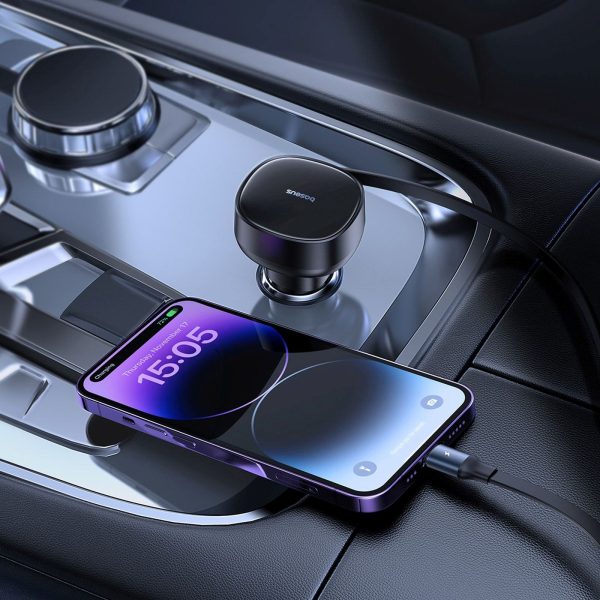 USB-A automašīnas lādētājs ar ievelkamu iPhone Lightning kabeli 55W - melns