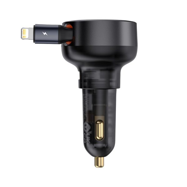 USB-A automašīnas lādētājs ar ievelkamu iPhone Lightning kabeli 55W - melns