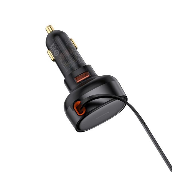 USB-A automašīnas lādētājs ar ievelkamu iPhone Lightning kabeli 55W - melns