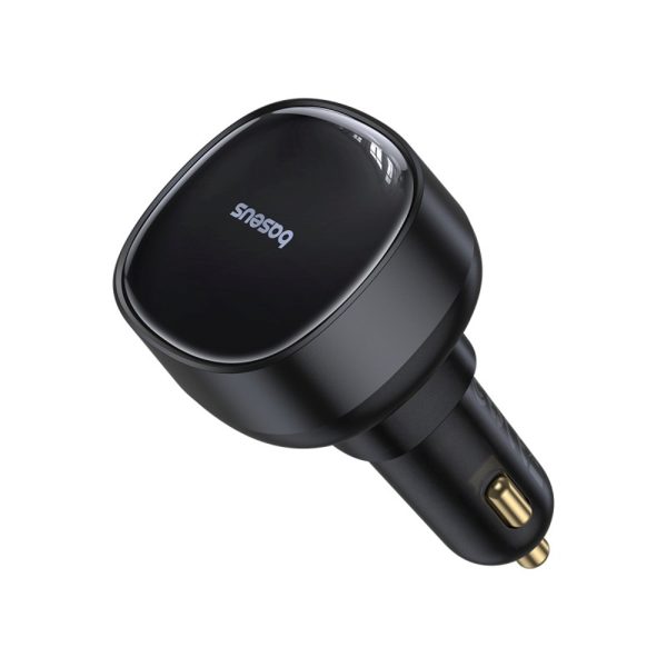 USB-A automašīnas lādētājs ar ievelkamu iPhone Lightning kabeli 55W - melns