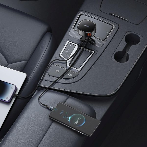 USB-A automašīnas lādētājs ar ievelkamu iPhone Lightning kabeli 55W - melns