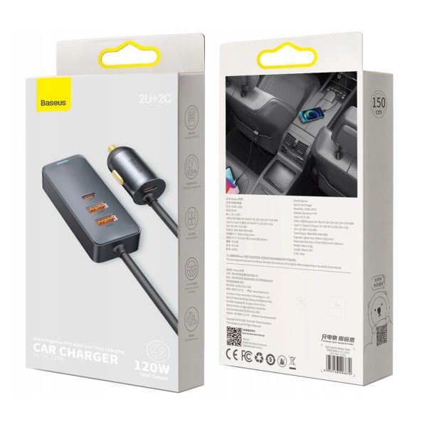 Automašīnas lādētājs ar USB-A USB-C pagarinātāja kabeli PPS 120W - gaiši pelēks