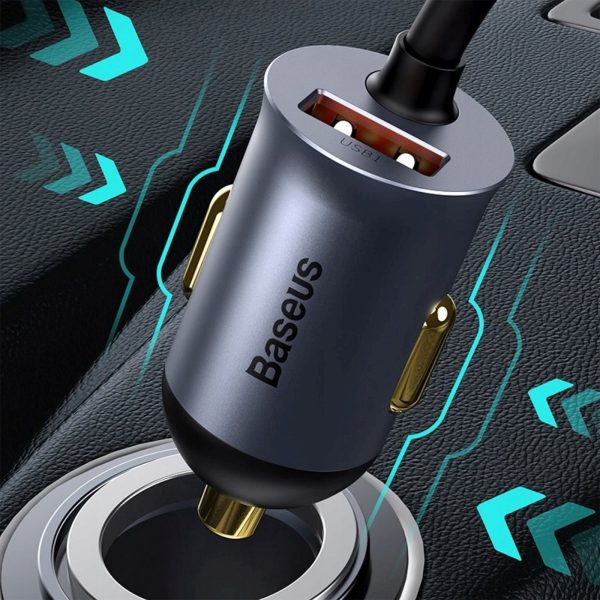 Automašīnas lādētājs ar USB-A USB-C pagarinātāja kabeli PPS 120W - gaiši pelēks