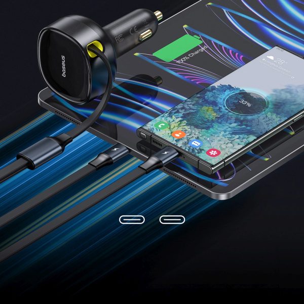 2-in-1 automašīnas lādētājs ar diviem USB-C kabeļiem, 33W - melns